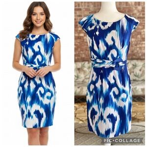 Ellen Tracy Dress  Tie Dye Ikat Mini Blue Cap Sleeve 6 Belted Garden Brunch Chic